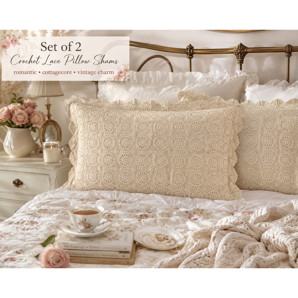 Set 2 Crochet Lace Pillow Shams Cream Cottagecore Boho Shabby Chic 21x30